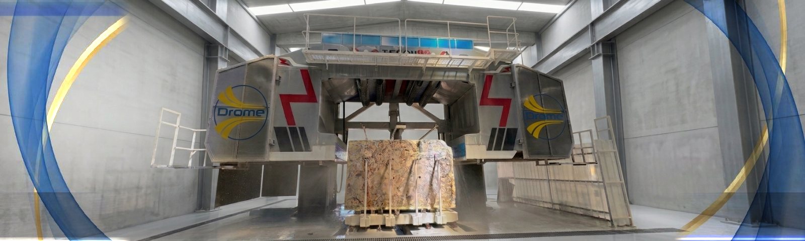 Drome multiwire machine cutting a stone block into slabs